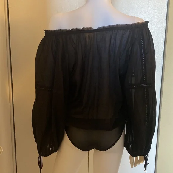 Free People Intimates Bodysuit Black Off Shoulder Long Puff Sleeve Shirt XS NWT - Picture 9 of 14